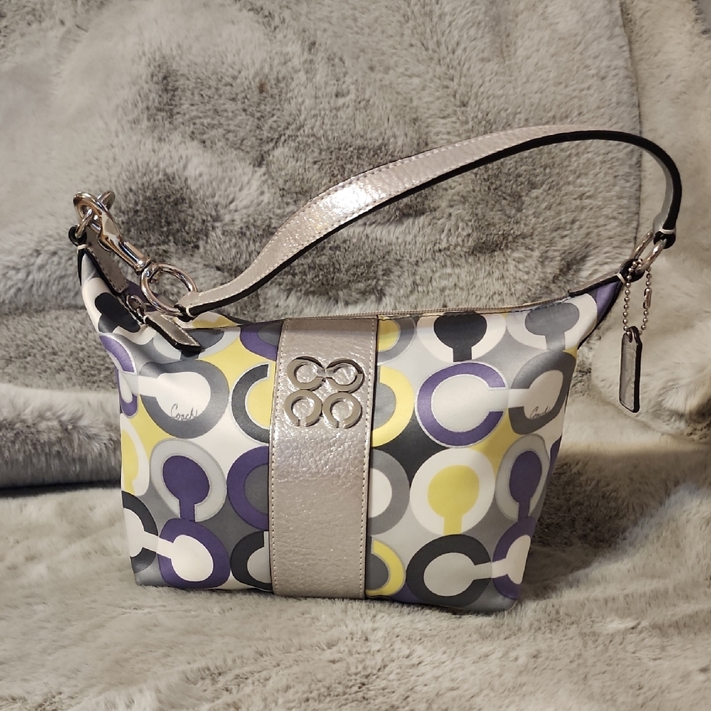 Coach Metallic Accent Logo Leather Wristlet in Yellow, Purple & Gray Poppy